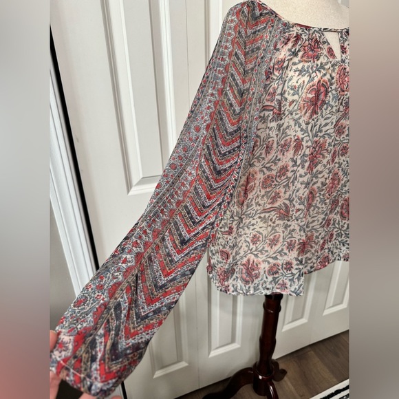 Lucky Brand Coral and Blue Long Sleeve Cut Out Blouse - Picture 3 of 8